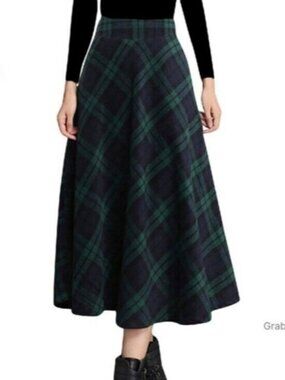 Wool Plaid A-Line Pleated Long Skirt Warm Elastic Waist Elegant Chic
